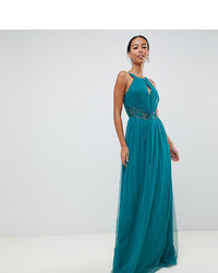 Little Mistress Tall Plunge Front Embellished Maxi Dress In Green