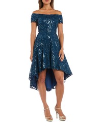 Morgan & Co. Sequin Lace Off The Shoulder Highlow Dress