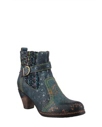 Teal Embellished Leather Ankle Boots
