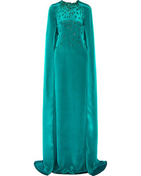Oscar de la Renta Cape Effect Embellished Silk Satin Gown Teal