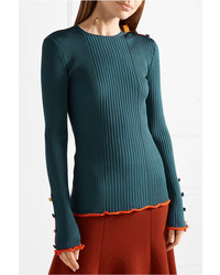 Roksanda Rhea Embellished Ribbed Stretch Knit Sweater Petrol