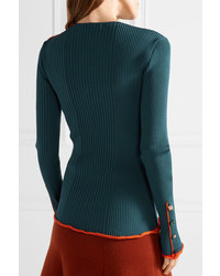 Roksanda Rhea Embellished Ribbed Stretch Knit Sweater Petrol