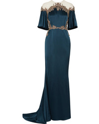 Marchesa Embellished Tulle Trimmed Silk Satin Gown Storm Blue