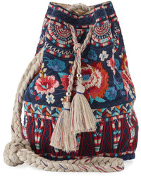 Johnny Was Mina Embroidered Linen Bucket Bag Navy