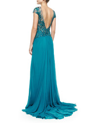 Monique Lhuillier Cap Sleeve Embroidered Gown Teal