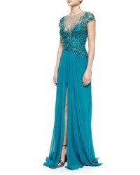 Monique Lhuillier Cap Sleeve Embroidered Gown Teal