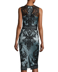 Theia Sleeveless Two Tone Illusion Embroidered Lace Cocktail Dress