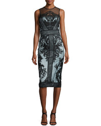 Theia Sleeveless Two Tone Illusion Embroidered Lace Cocktail Dress
