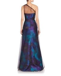 Theia One Shoulder Tulle Overlay Gown