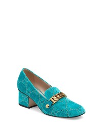 Teal Embroidered Leather Pumps