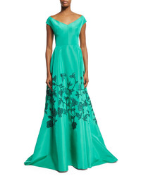 Lela Rose Embroidered Laser Cut Cap Sleeve Gown Light Green