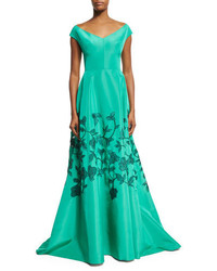 Lela Rose Embroidered Laser Cut Cap Sleeve Gown Light Green