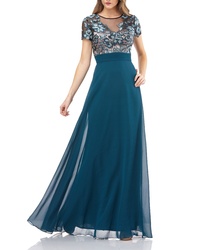 JS Collections Short Sleeve Embroidered Bodice Evening Dress