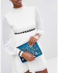 Glamorous Velvet Zip Top Clutch With Embroidery In Teal