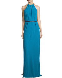 Halston Heritage Halter Neck Belted Evening Gown Turquoise