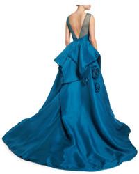 Monique Lhuillier Illusion Strapless Ball Gown Wrosettes Teal