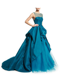 Monique Lhuillier Illusion Strapless Ball Gown Wrosettes Teal