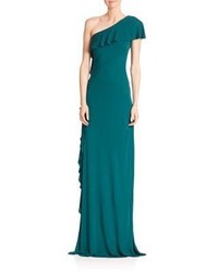 David Meister Solid Asymmetric One Shoulder Gown