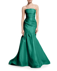 Monique Lhuillier Strapless Ruched Mermaid Gown Emerald