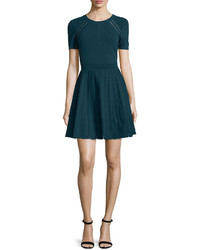 Milly Short Sleeve Pointelle Trim Fit  Flare Dress Peacock