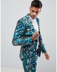 ASOS DESIGN Super Skinny Suit Jacket In Teal Floral Print Sa
