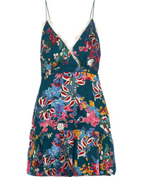 Saloni Ani Lace Trimmed Floral Print Fil Coup Chiffon Mini Dress Blue