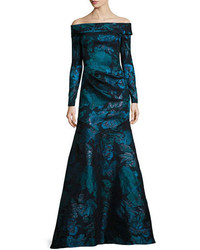 Theia Off The Shoulder Floral Metallic Gown Tealblack