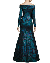 Theia Off The Shoulder Floral Metallic Gown Turquoise