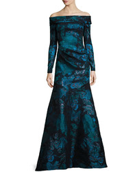 Theia Off The Shoulder Floral Metallic Gown Turquoise