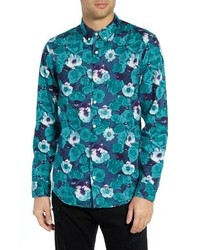 Teal Floral Flannel Long Sleeve Shirt