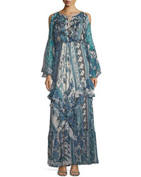 Roberto Cavalli Antique Floral Print Silk Cold Shoulder Gown