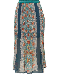 Teal Floral Silk Midi Skirt