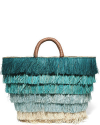 Kayu Pinata Leather Trimmed Fringed Straw Tote Blue