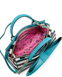 Betsey Johnson Curtsy Striped Bow Satchel Bag Teal
