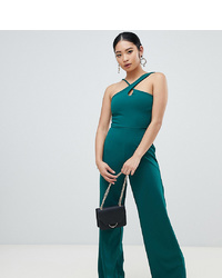 Missguided Petite Strappy Cross Front Wide Leg Jumpsuit In Green