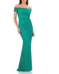 Carmen Marc Valvo Infusion Sequin Lace Off The Shoulder Mermaid Gown