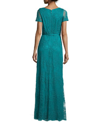 Catherine Deane Short Sleeve Belted Lace Gown Jade Green