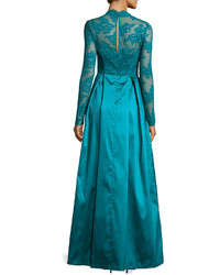 Kay Unger New York Taffeta Lace Long Sleeve Gown Teal