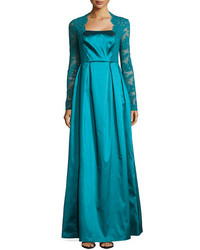Kay Unger New York Taffeta Lace Long Sleeve Gown Teal