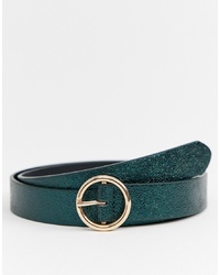 ASOS DESIGN Faux Leather Skinny Belt In Green With Gold Circle