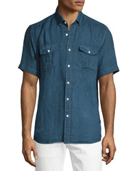 Neiman Marcus Linen Short Sleeve Shirt Navy