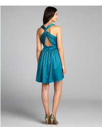 Nicole Miller Teal Sateen Crossback Pleated Party Dress