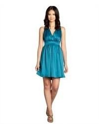 Nicole Miller Teal Sateen Crossback Pleated Party Dress