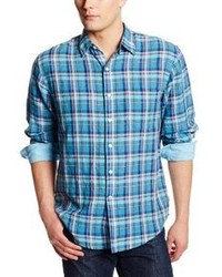 Izod Long Sleeve Linen Cotton Plaid Button Down In Teal