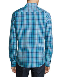 Bugatchi Plaid Print Sport Shirt Turquoise