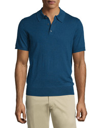 Neiman Marcus Short Sleeve Cashmere Silk Polo Shirt Navy