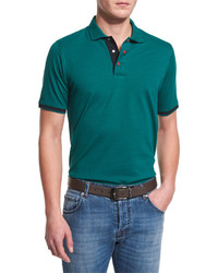 Kiton Short Sleeve Snap Placket Pique Polo Shirt Green