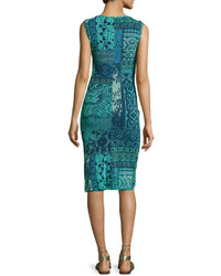 Fuzzi Sleeveless Lace Mosaic Print Sheath Dress Turquoise
