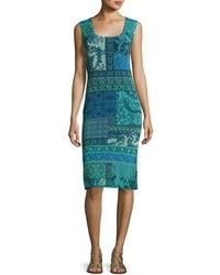 Fuzzi Sleeveless Lace Mosaic Print Sheath Dress Turquoise
