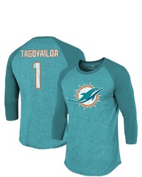 Majestic Threads Fanatics Branded Tua Tagovailoa Aqua Miami Dolphins Team Player Name Number Tri Blend Raglan 34 Sleeve T Shirt